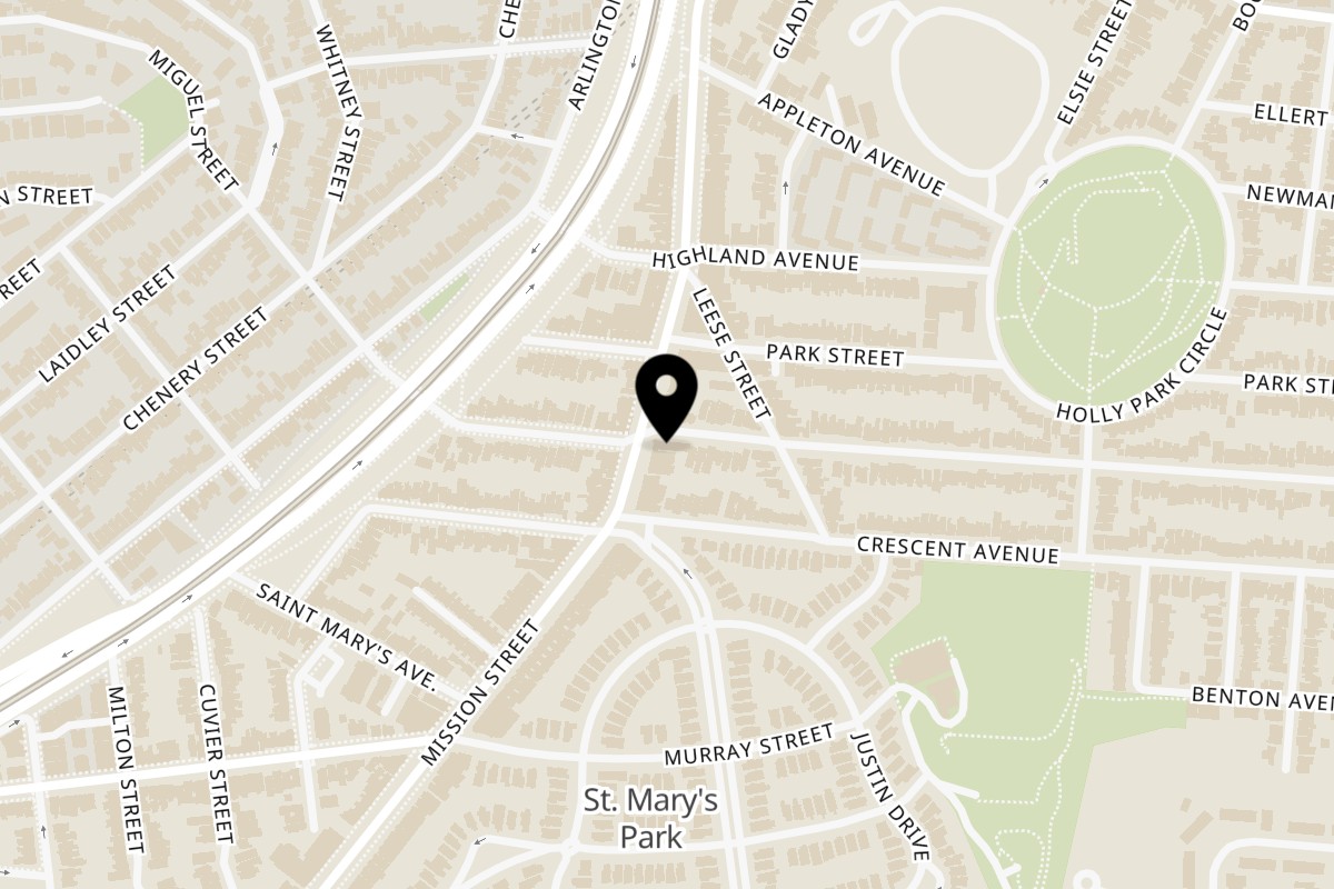 Map showing the location of Balompie Sports Bar & Grill Mission Street on 3801 Mission St in San Francisco