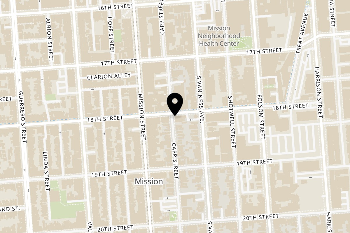 Map showing the location of Balompie Sports Bar & Grill 18th Street on 3349 18th St in San Francisco